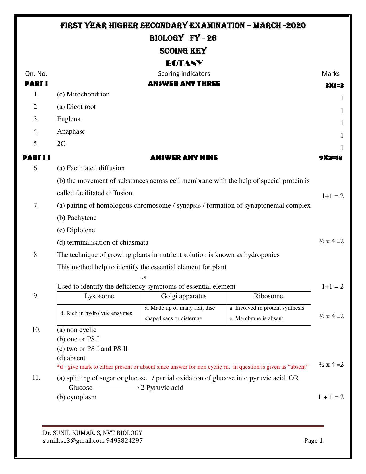 Kerala Plus One 2020 Botany Answer Key (Annual) - Page 1