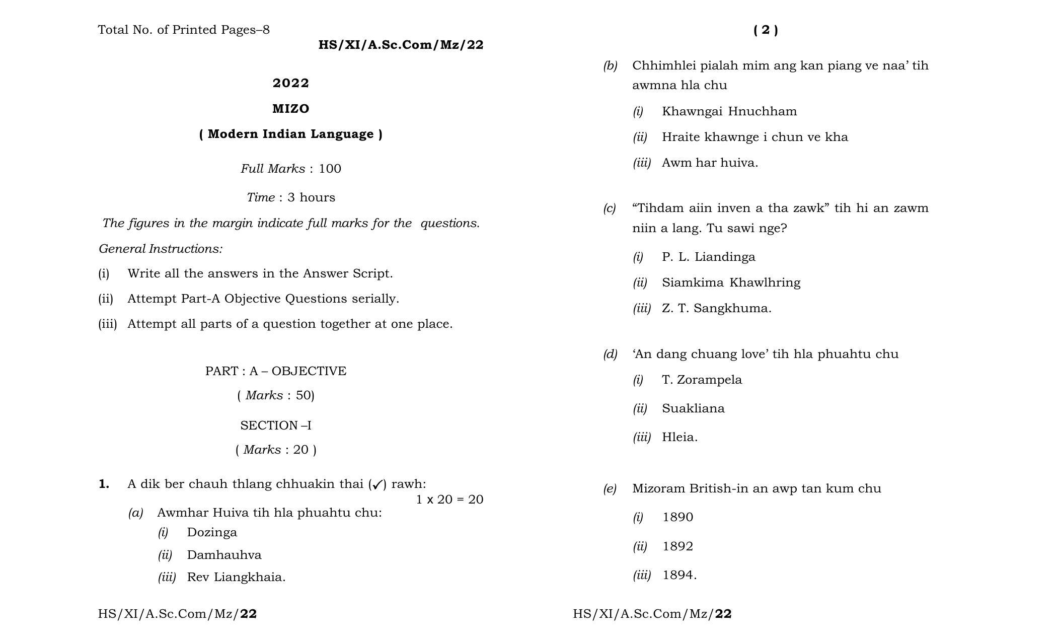 Meghalaya Board (MBOSE) Class 11 Mizo MIL (theory) 2022 Question Paper - Page 1
