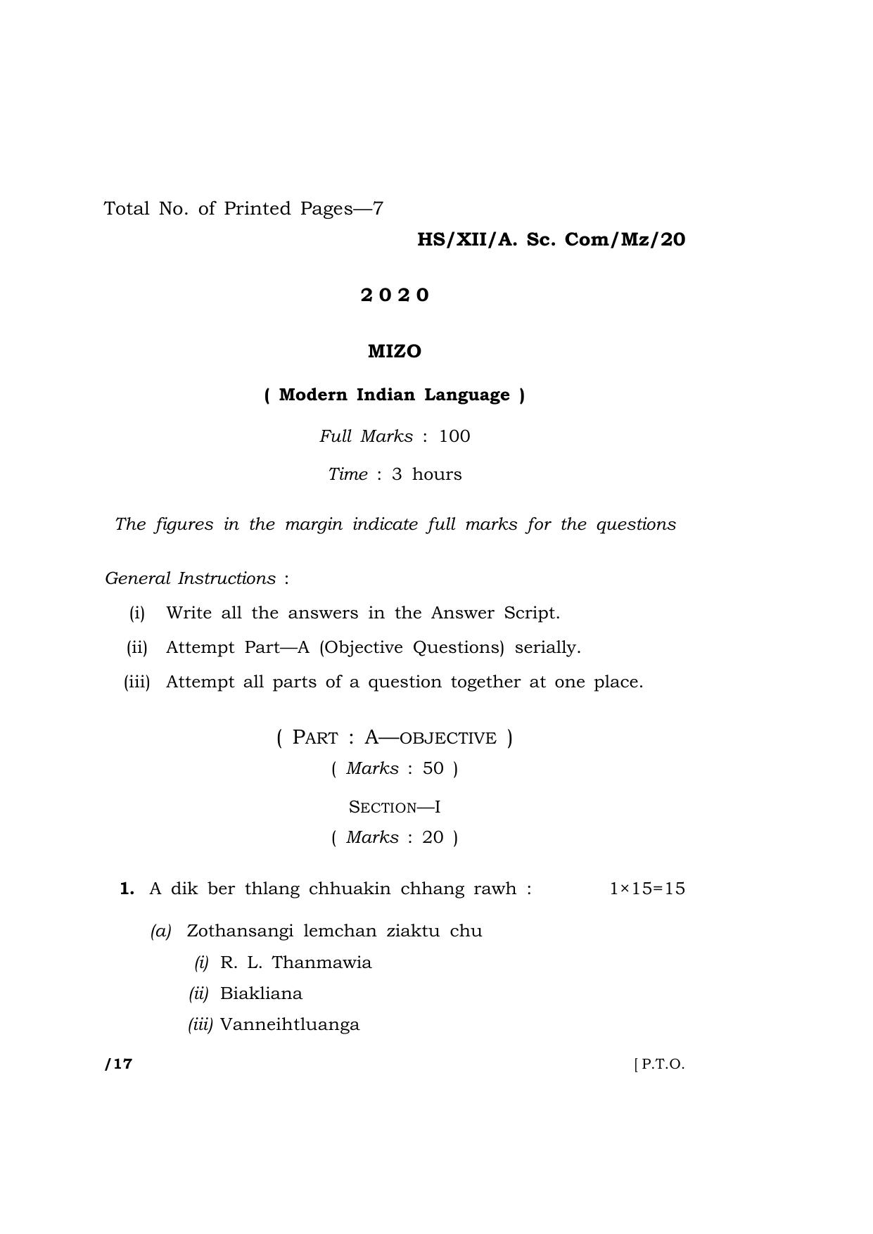 Meghalaya Board (MBOSE) Class 12 MIZO 2020 Question Paper - Page 1