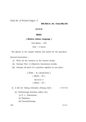 Meghalaya Board (MBOSE) Class 12 MIZO 2020 Question Paper