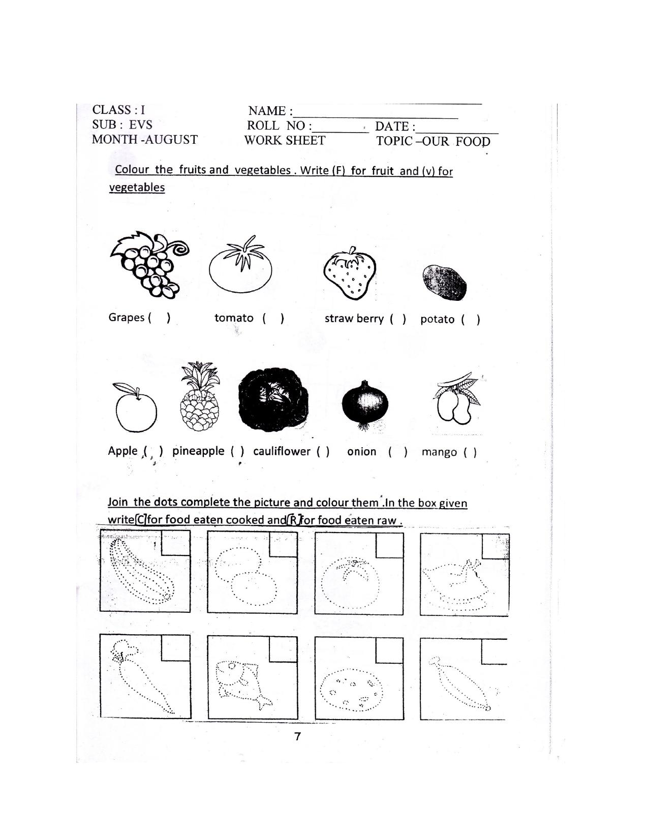 Worksheet for Class 1 EVS Our Food Assignment 1 - Page 1