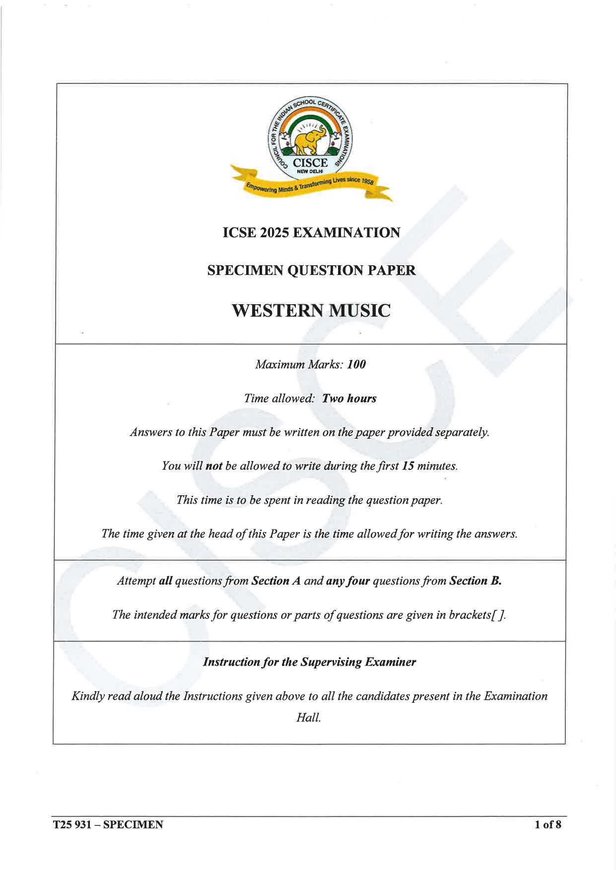 ICSE Class 10 2025 Western Music (QP & MS) Specimen Paper - Page 1