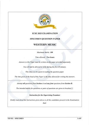 ICSE Class 10 2025 Western Music (QP & MS) Specimen Paper