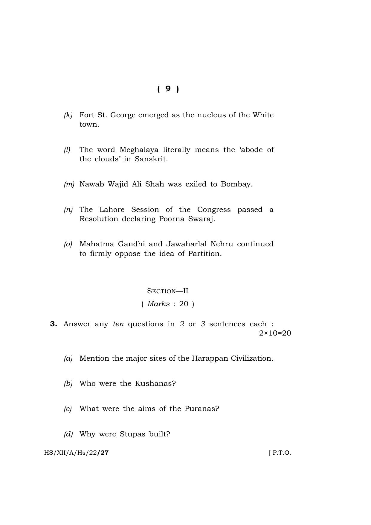 Meghalaya Board (MBOSE) Class 12 HISTORY  (HS_XII_A_HS_22) 2022 Question Paper - Page 9