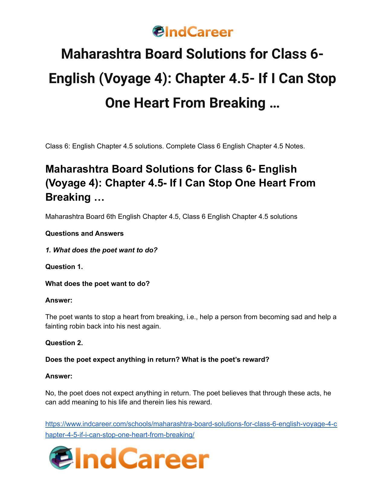 Maharashtra Board Solutions for Class 6- English (Voyage 4): Chapter 4.5- If I Can Stop One Heart From Breaking … - Page 2