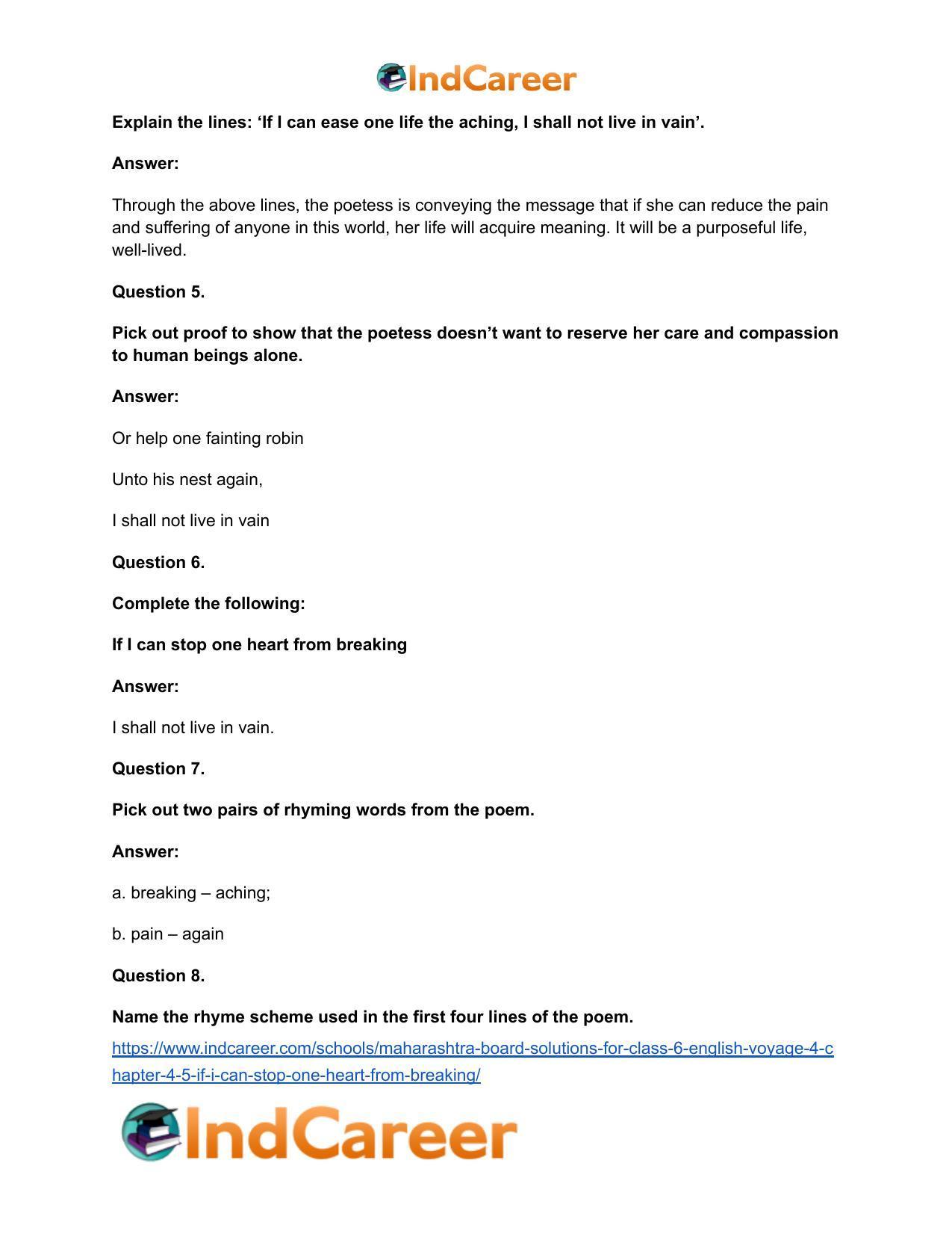 Maharashtra Board Solutions for Class 6- English (Voyage 4): Chapter 4.5- If I Can Stop One Heart From Breaking … - Page 5