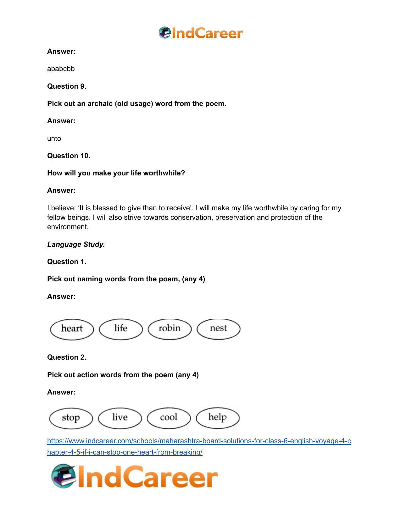 Maharashtra Board Solutions for Class 6- English (Voyage 4): Chapter 4.5- If I Can Stop One Heart From Breaking … - Page 6