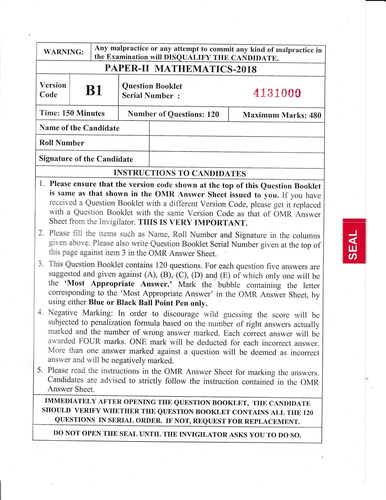 KEAM Paper II 2018 Question Paper - Page 1