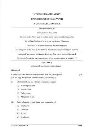 ICSE Class 10 Commercial Studies Sample Paper 2023