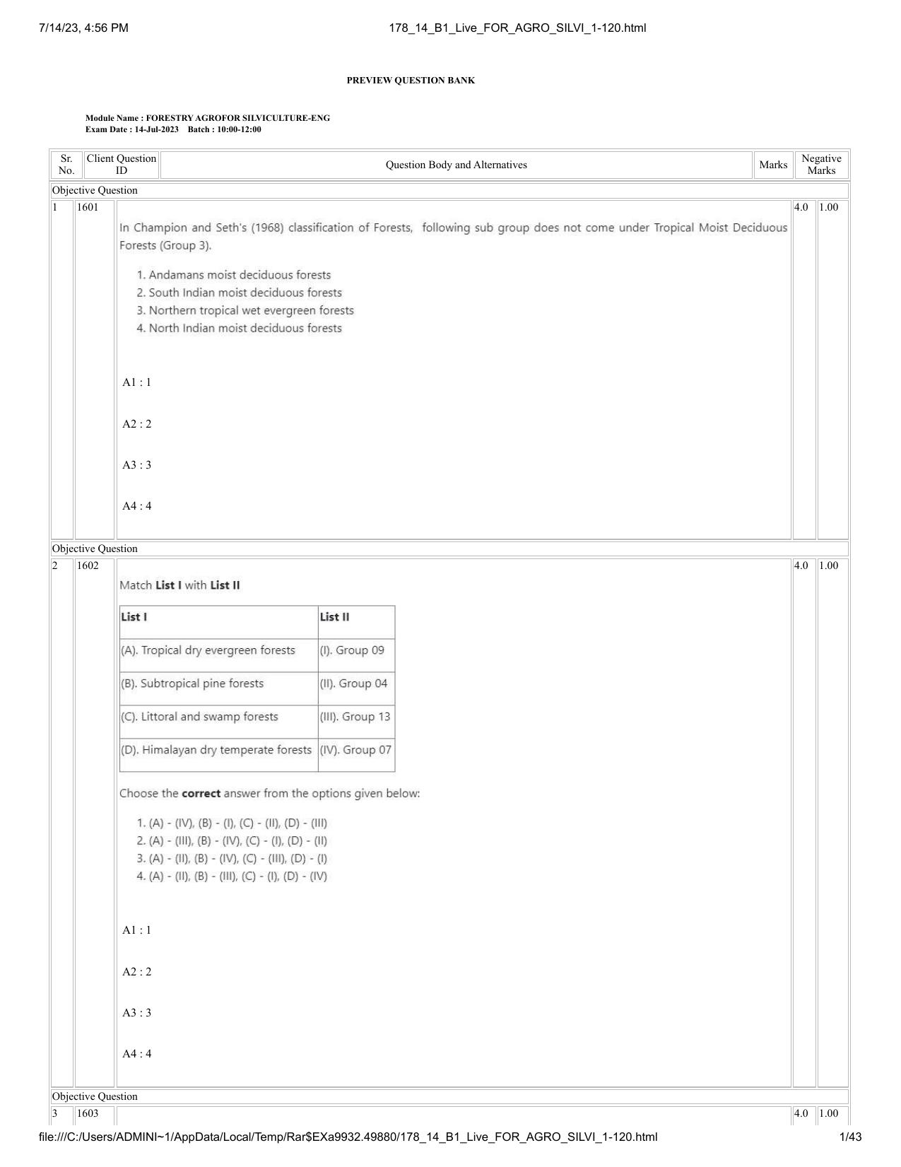 ICAR AIEEA PG 2023 FORESTRY AGROFORESTRY SILVICULTURE Question Paper- 14 July 2023 - Page 1