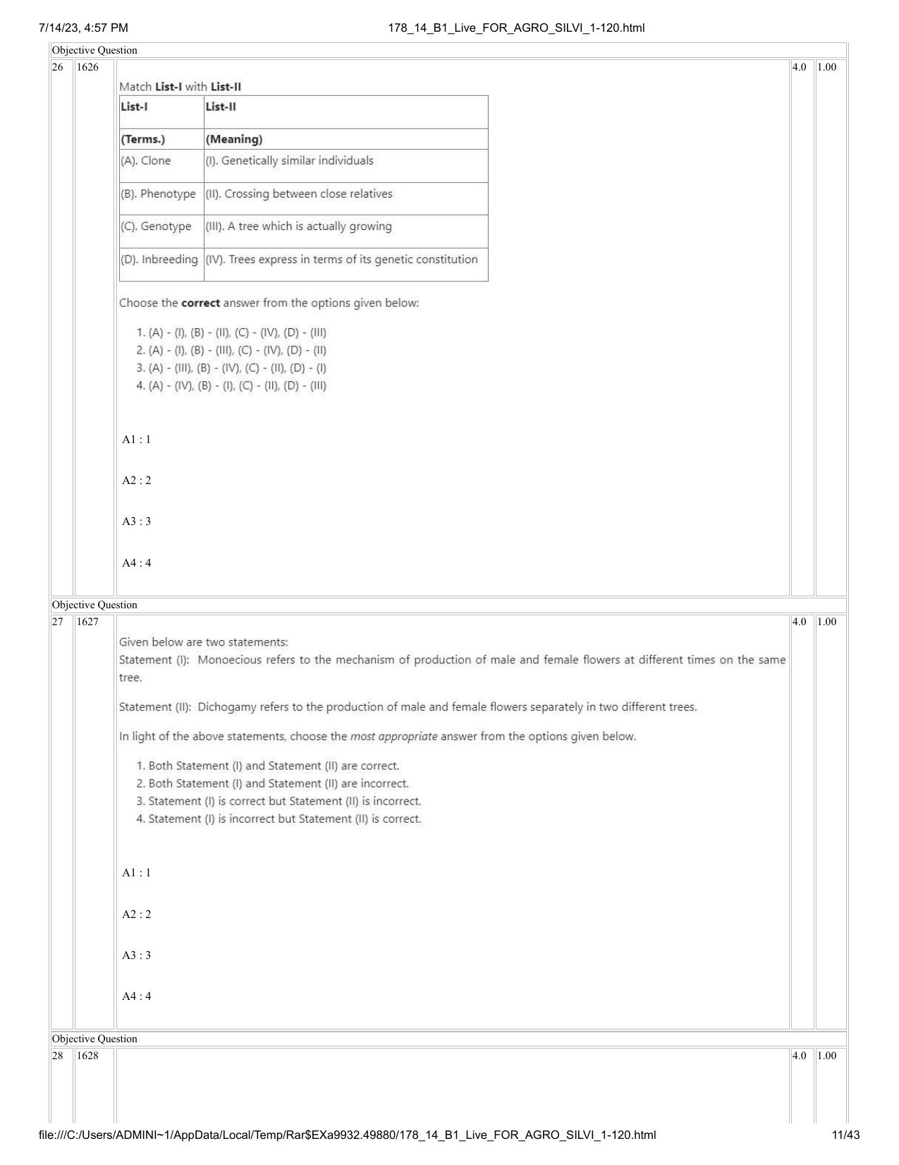 ICAR AIEEA PG 2023 FORESTRY AGROFORESTRY SILVICULTURE Question Paper- 14 July 2023 - Page 11