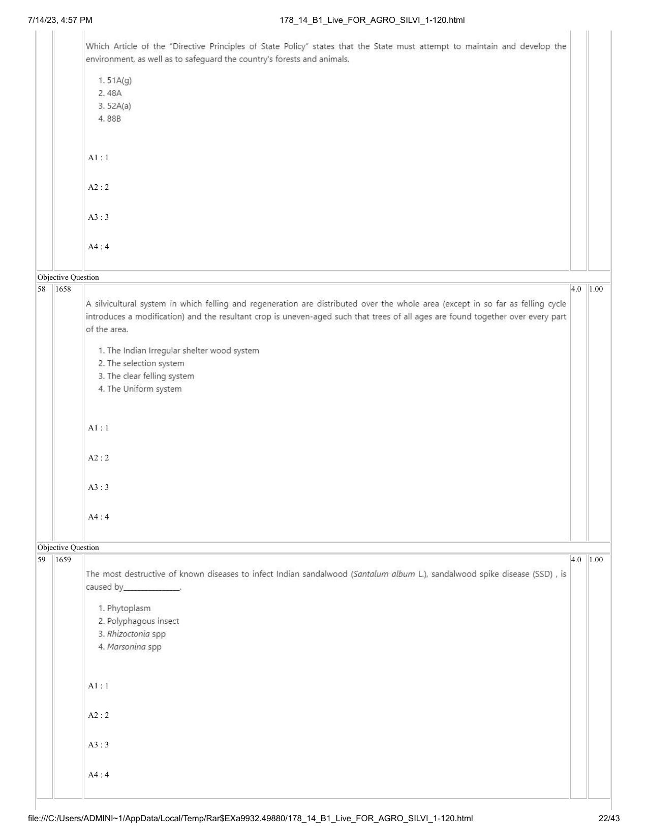 ICAR AIEEA PG 2023 FORESTRY AGROFORESTRY SILVICULTURE Question Paper- 14 July 2023 - Page 22