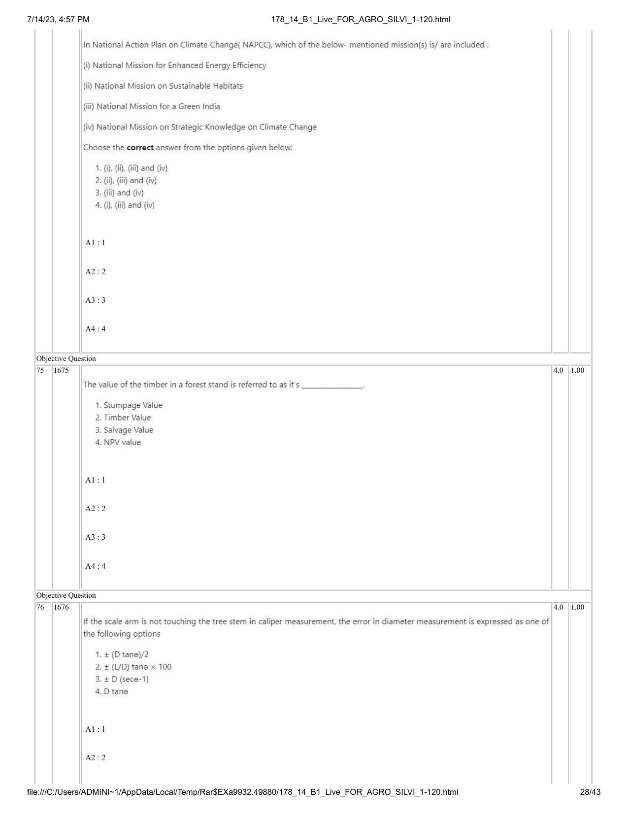 ICAR AIEEA PG 2023 FORESTRY AGROFORESTRY SILVICULTURE Question Paper- 14 July 2023 - Page 28