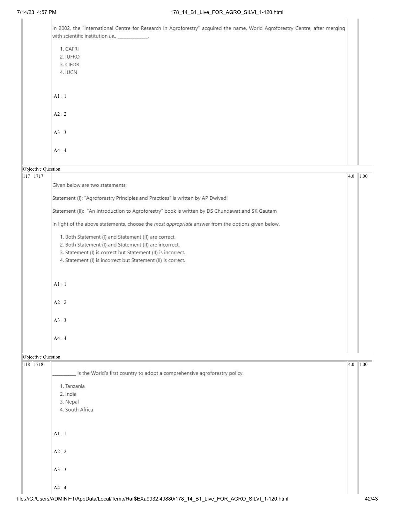 ICAR AIEEA PG 2023 FORESTRY AGROFORESTRY SILVICULTURE Question Paper- 14 July 2023 - Page 42
