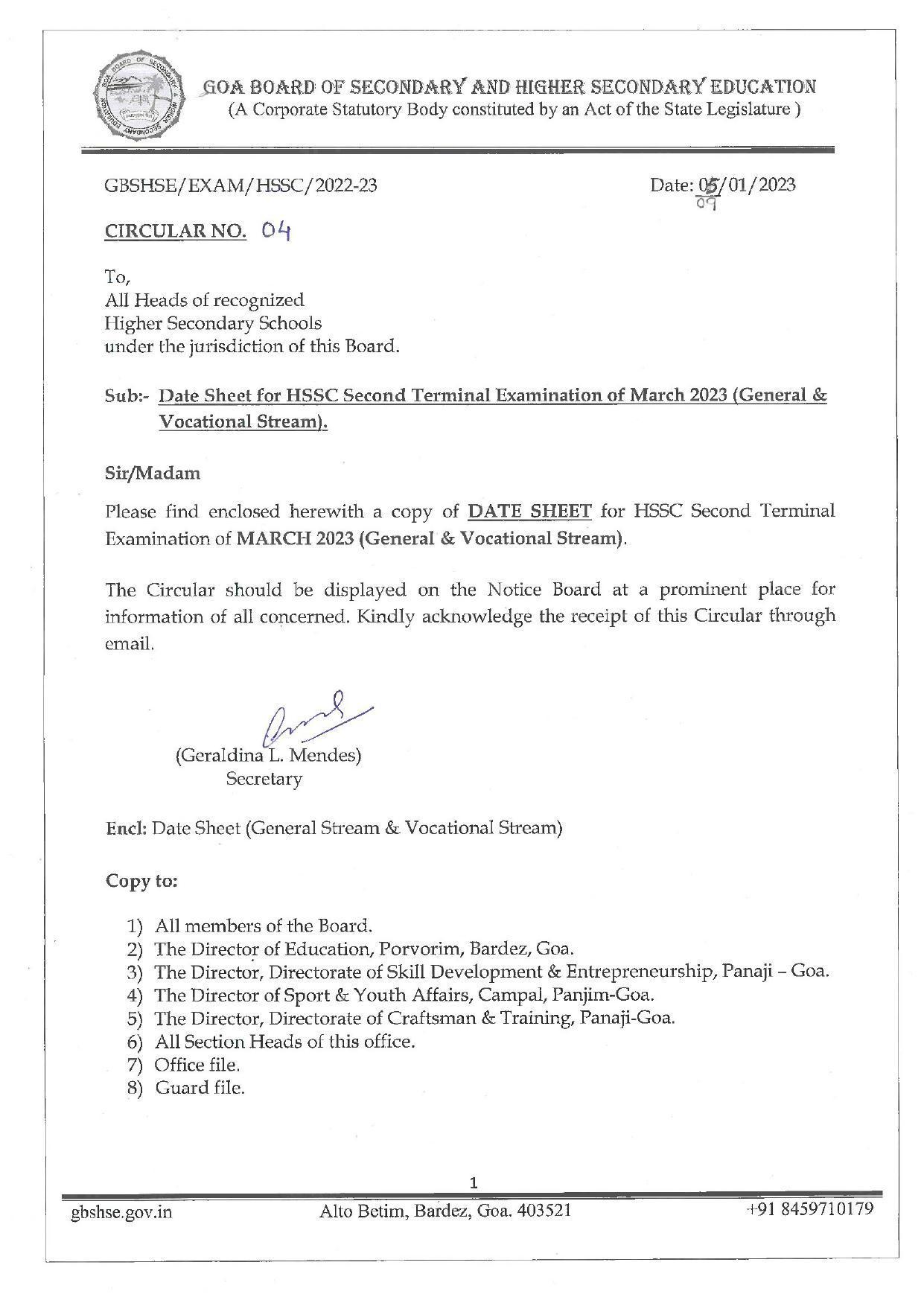 Goa HSSC Time Table 2023 for 2nd Term March-2023 Exam - Page 1