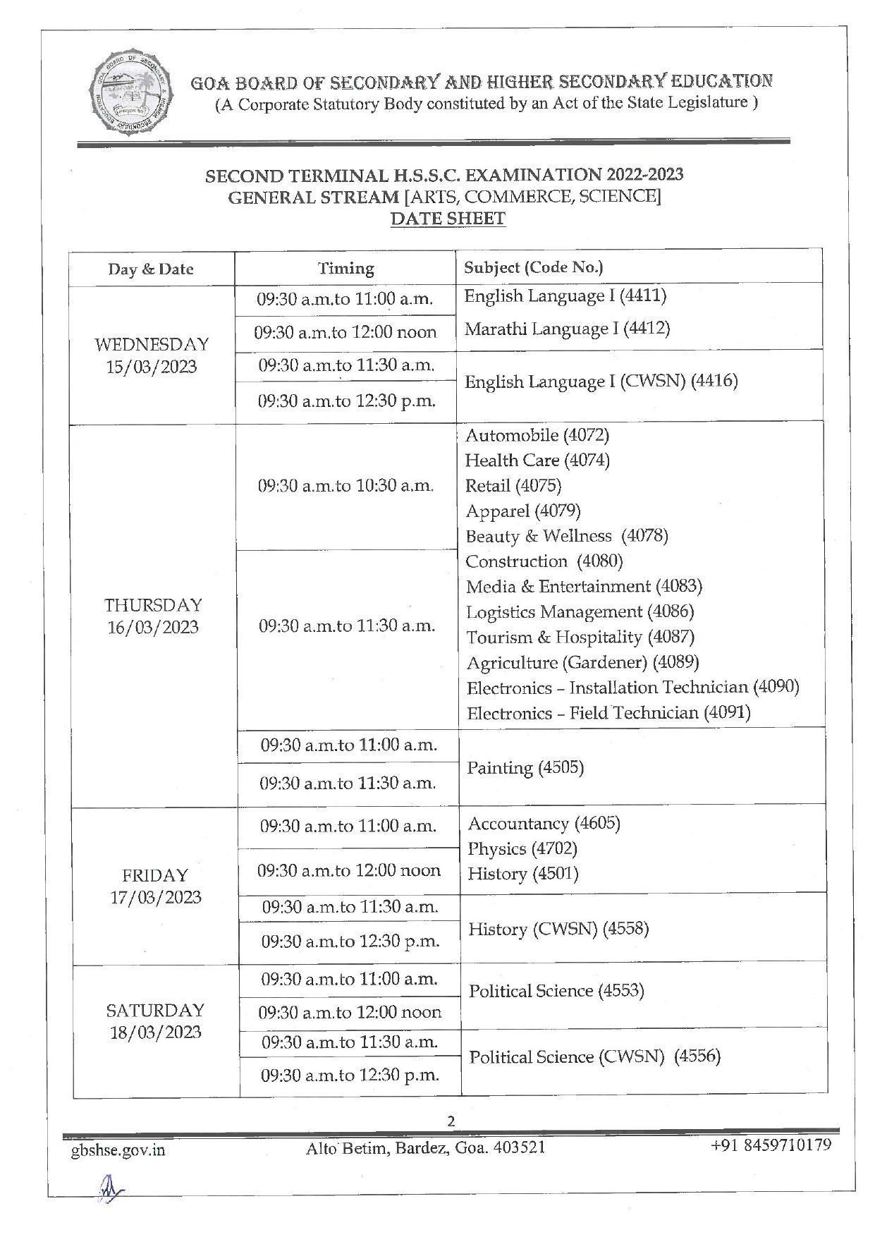 Goa HSSC Time Table 2023 for 2nd Term March-2023 Exam - Page 2