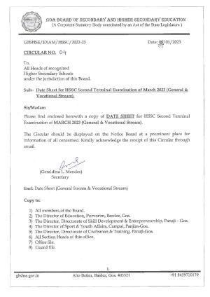Goa HSSC Time Table 2023 for 2nd Term March-2023 Exam