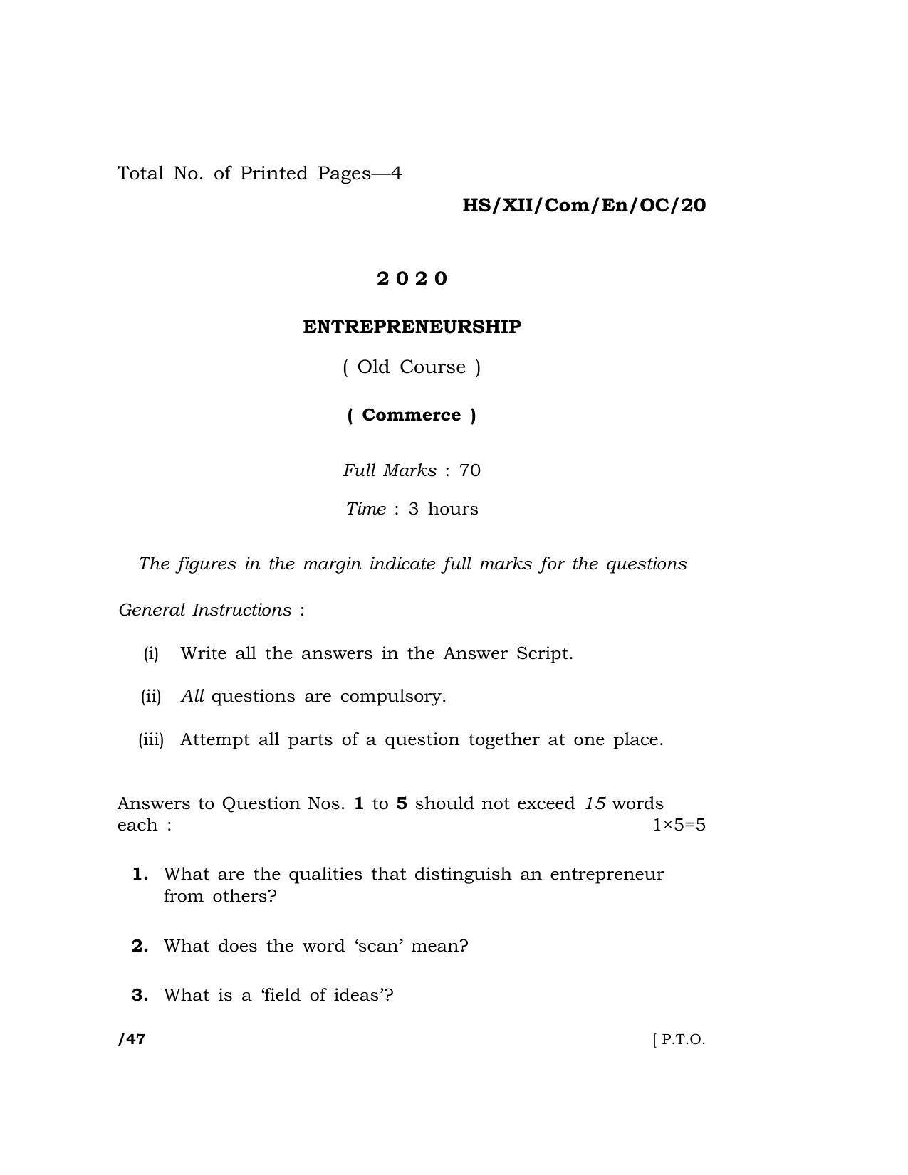 Meghalaya Board (MBOSE) Class 12 ENTREPRENEURSHIP ( Old Course ) 2020 Question Paper - Page 1