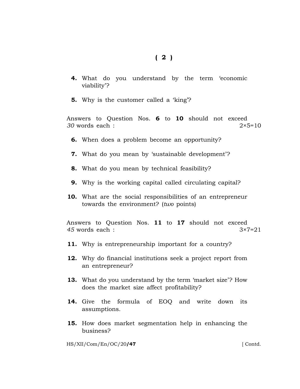 Meghalaya Board (MBOSE) Class 12 ENTREPRENEURSHIP ( Old Course ) 2020 Question Paper - Page 2