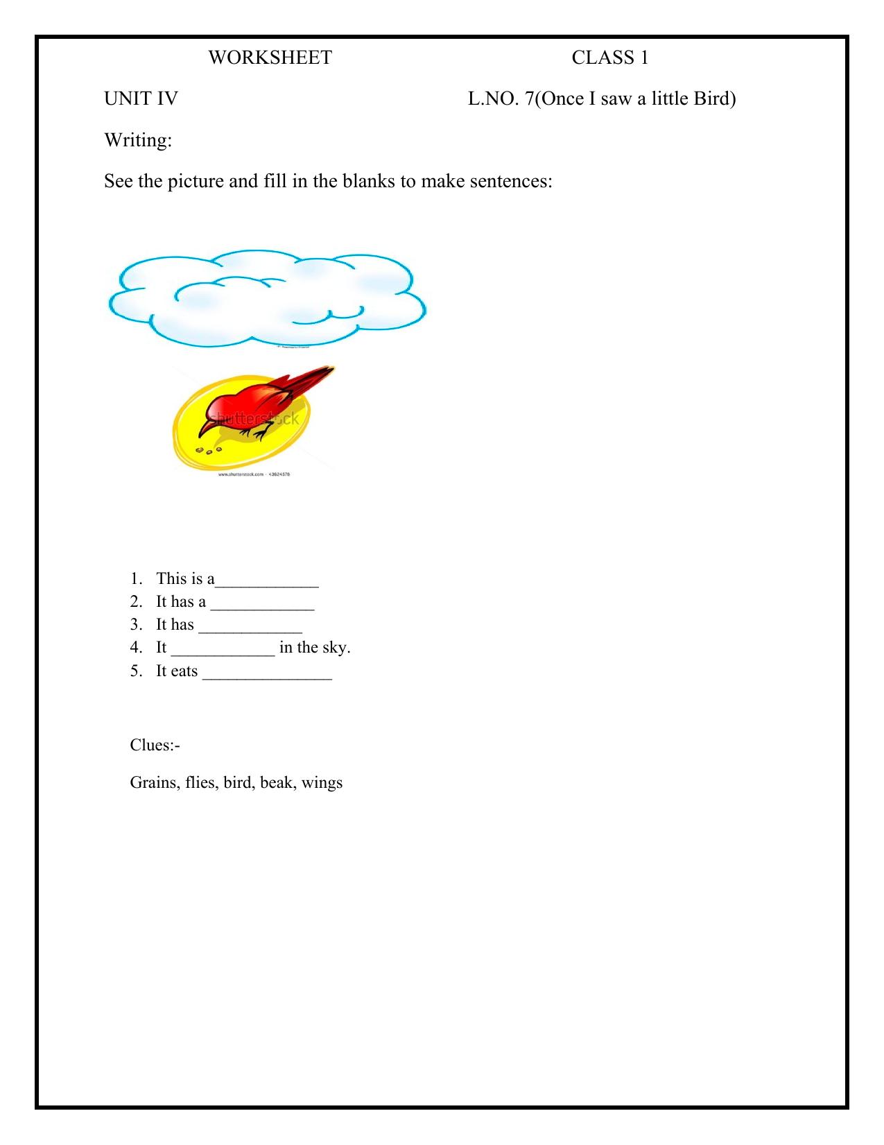 Worksheet for Class 1 English Assignment 23 Once I saw a little Bird - Page 2