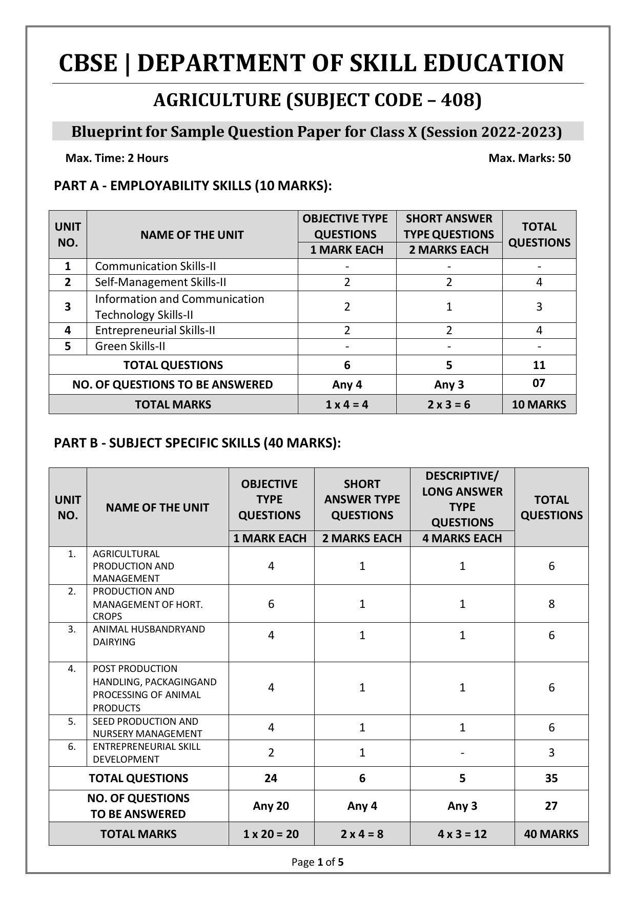 CBSE Class 10 (Skill Education) Agriculture Sample Papers 2023 - Page 1