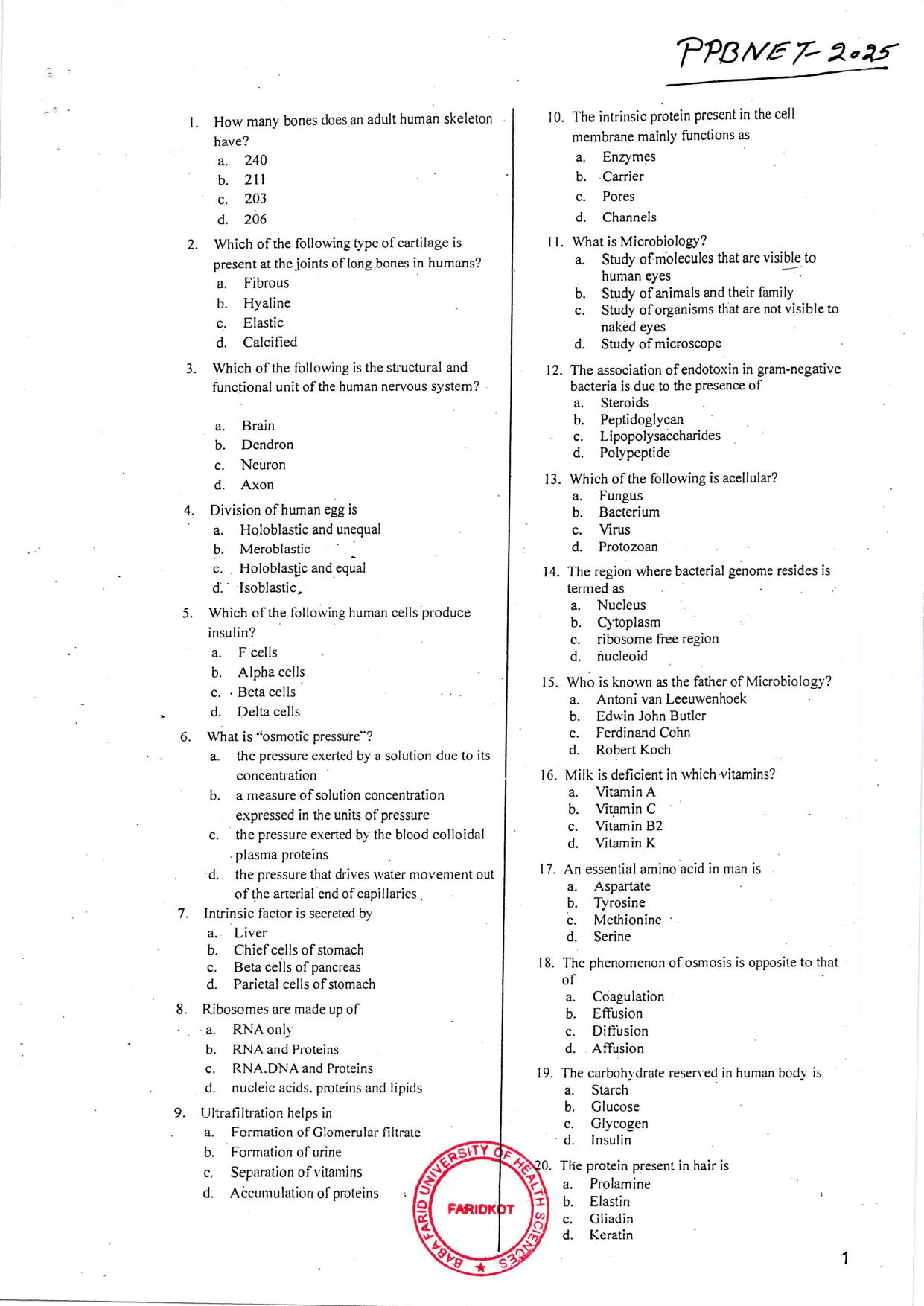 PPBNET 2025 Question Paper & Answer Key - Page 1