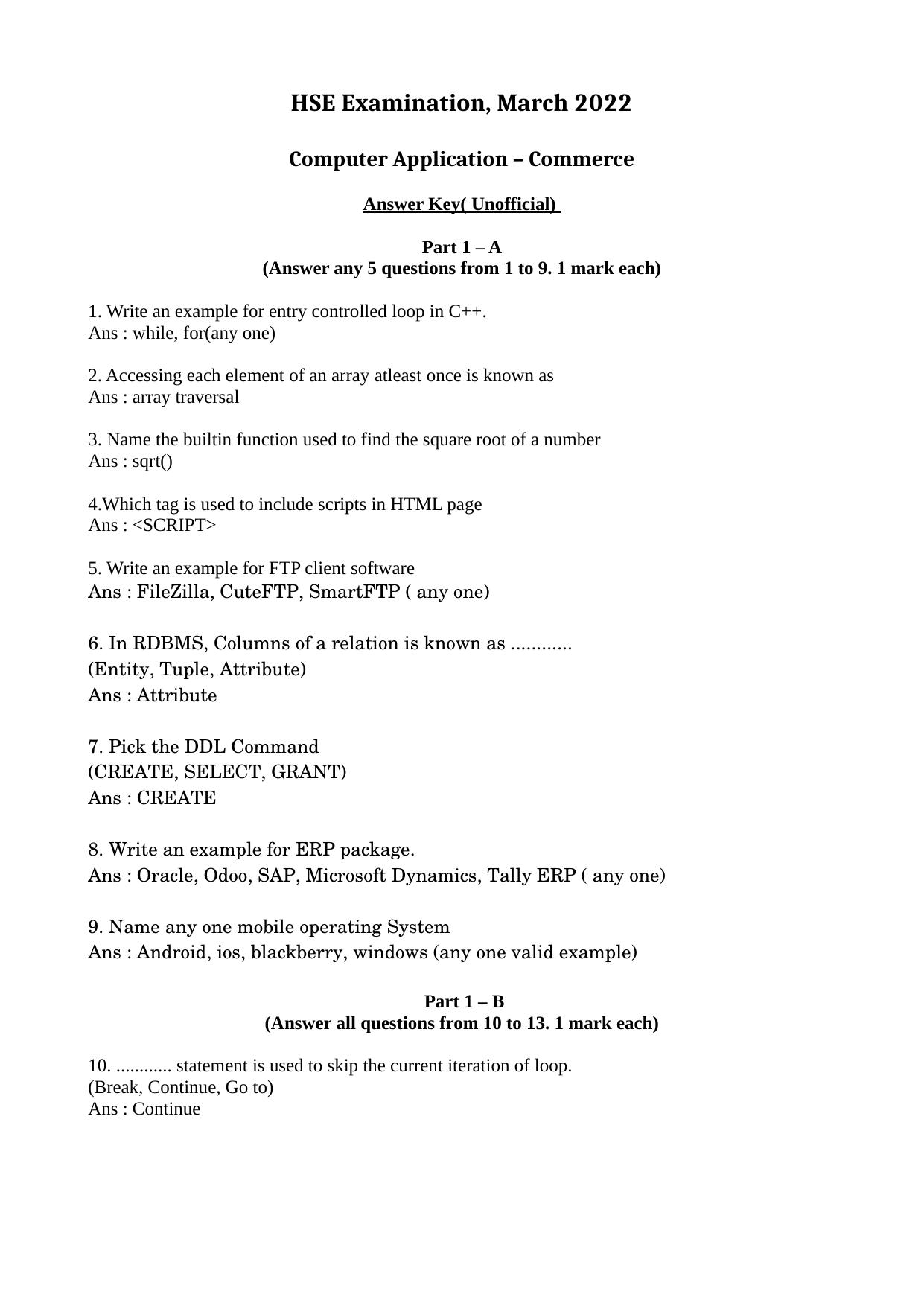 Kerala Plus Two 2022 Computer Application (Commerce) Answer Key - Page 1