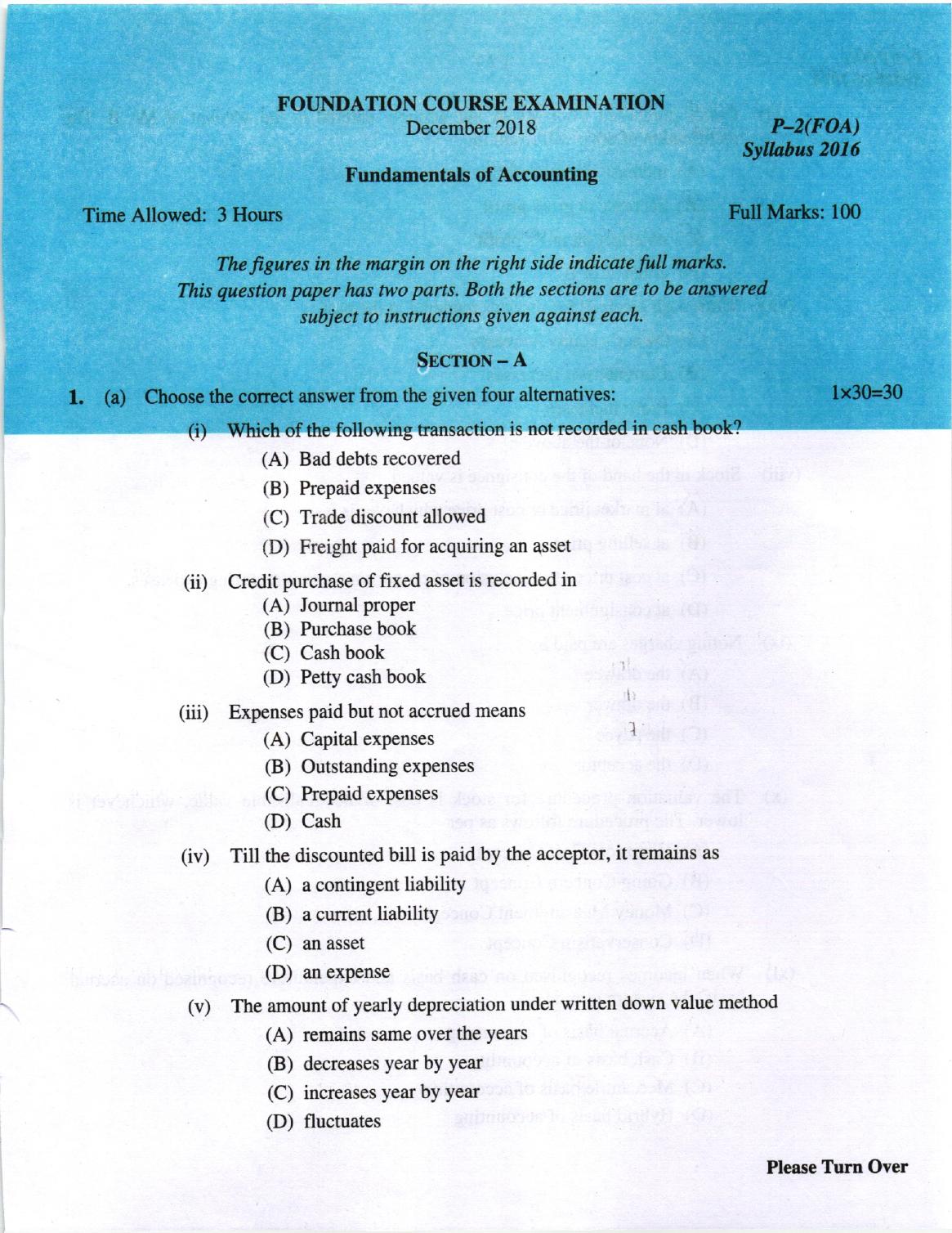 ICMAI Dec.2018 Fundamentals of Accounting Question Paper - Page 1