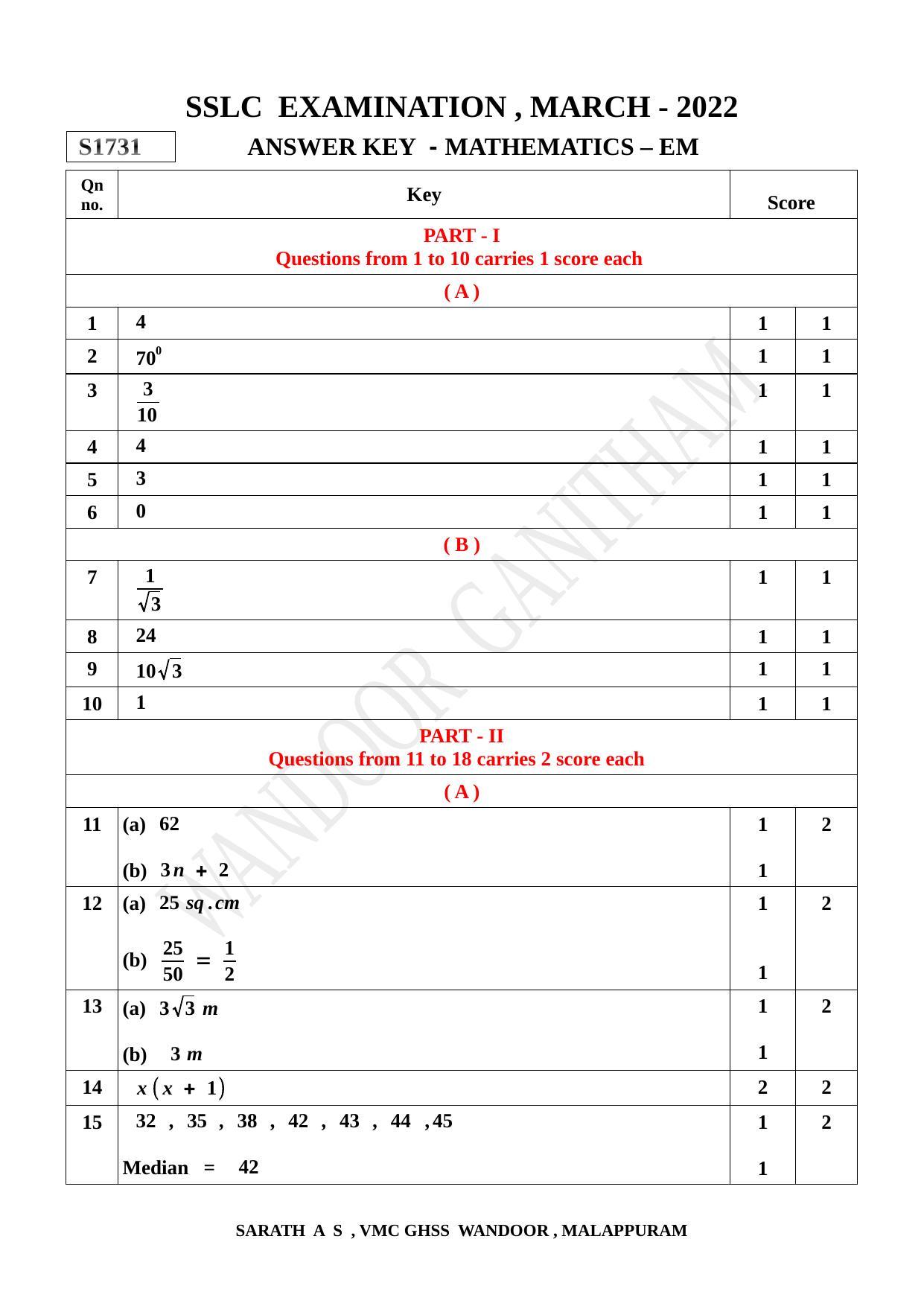 Kerala SSLC 2022 Maths Answer Key (EM) (Annual) - Page 1