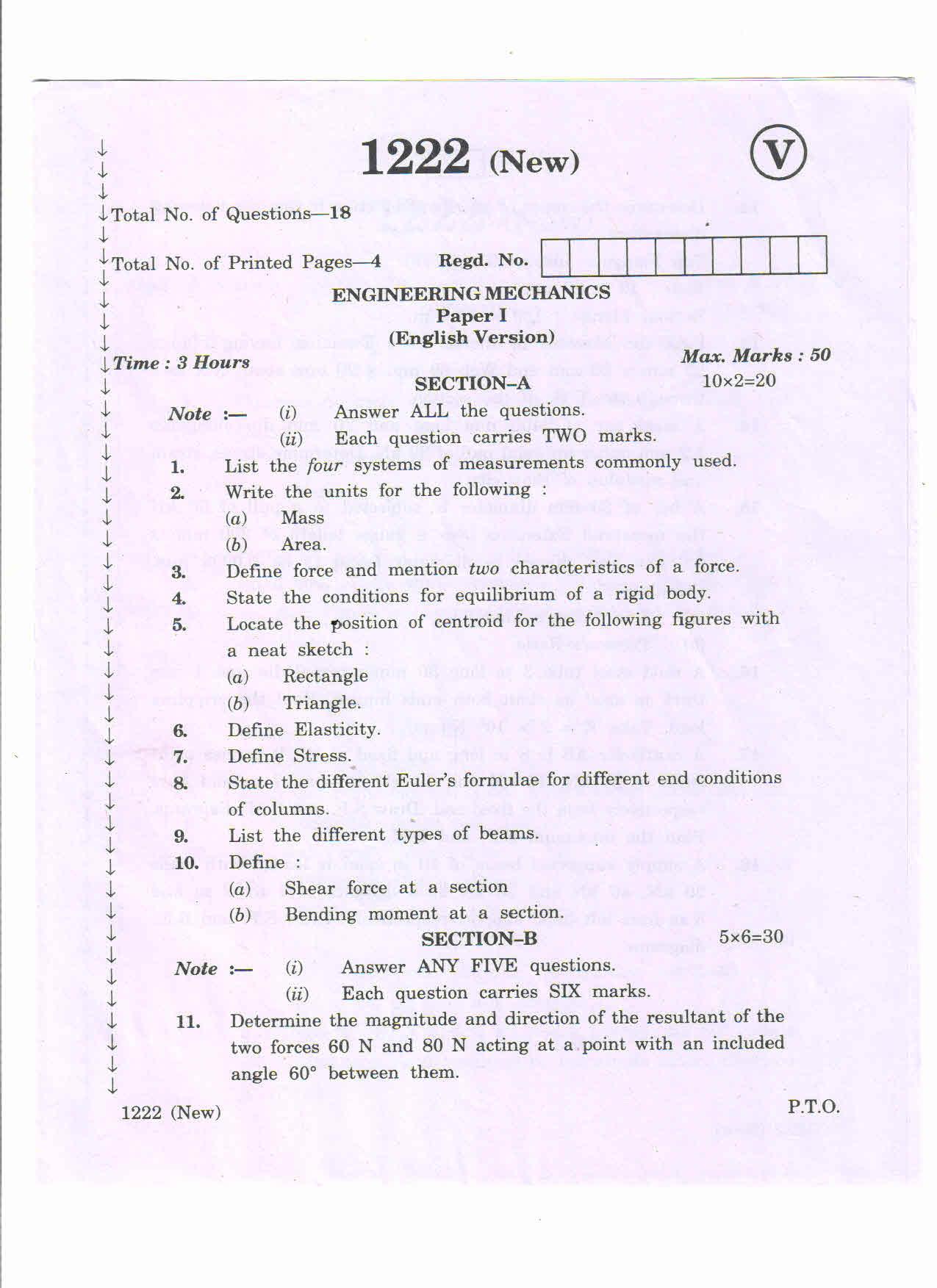 AP Inter 1st Year Engineering Mechanics-I March-2020-Vocational Question Paper - Page 1