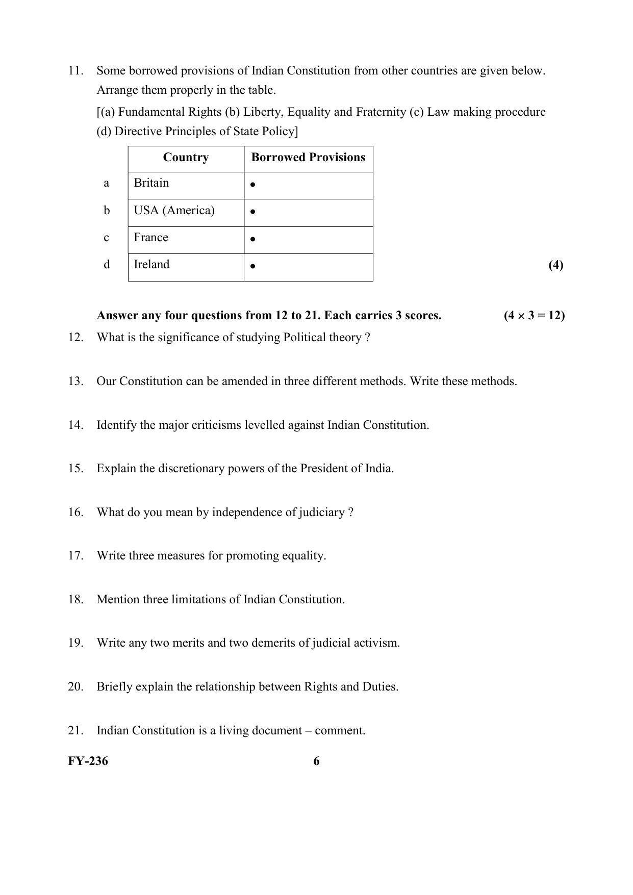 Kerala Plus One (Class 11th) Political Science Question Paper 2021 - Page 6