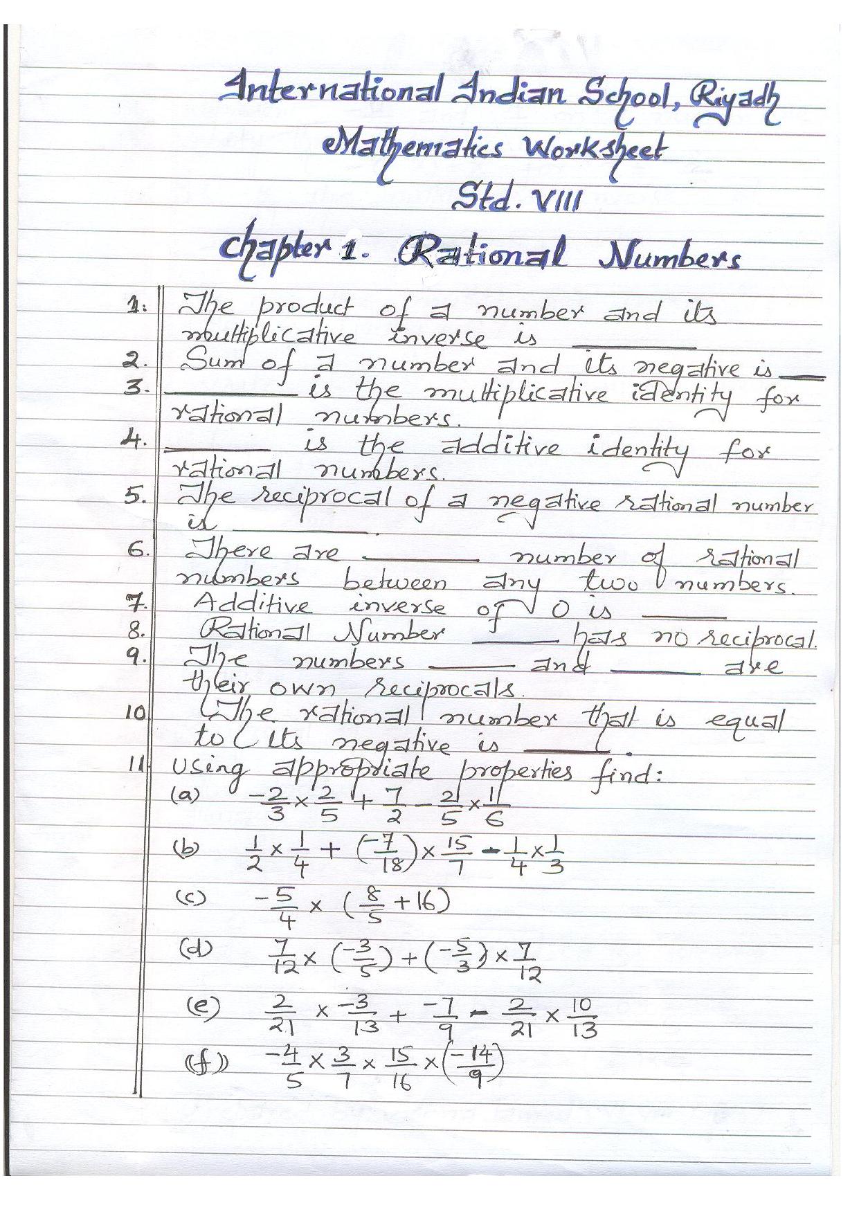 CBSE Worksheets for Class 8 Mathematics Rational Numbers Assignment 6 - Page 1