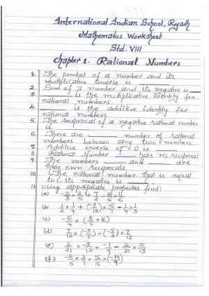 CBSE Worksheets for Class 8 Mathematics Rational Numbers Assignment 6
