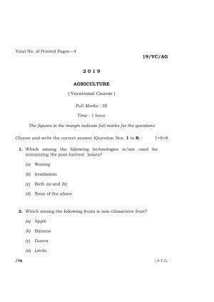 Meghalaya Board (MBOSE) Class 12 AGRICULTURE ( Vocational Course ) 2019 Question Paper