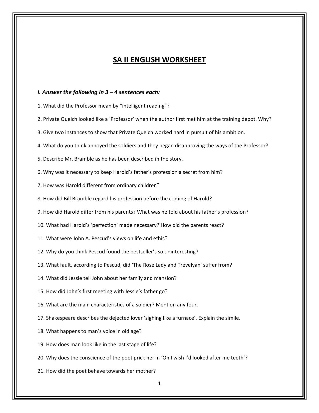 CBSE Worksheets for Class 9 English Assignment 7 - Page 1