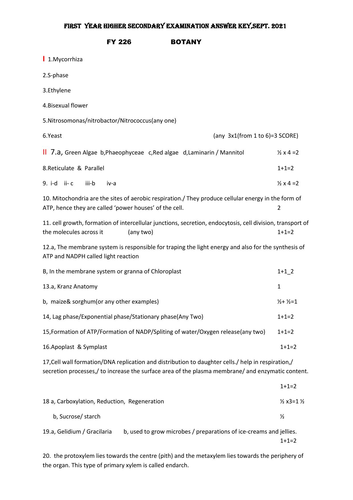 Kerala Plus One 2021 Botany Answer Key - Page 1