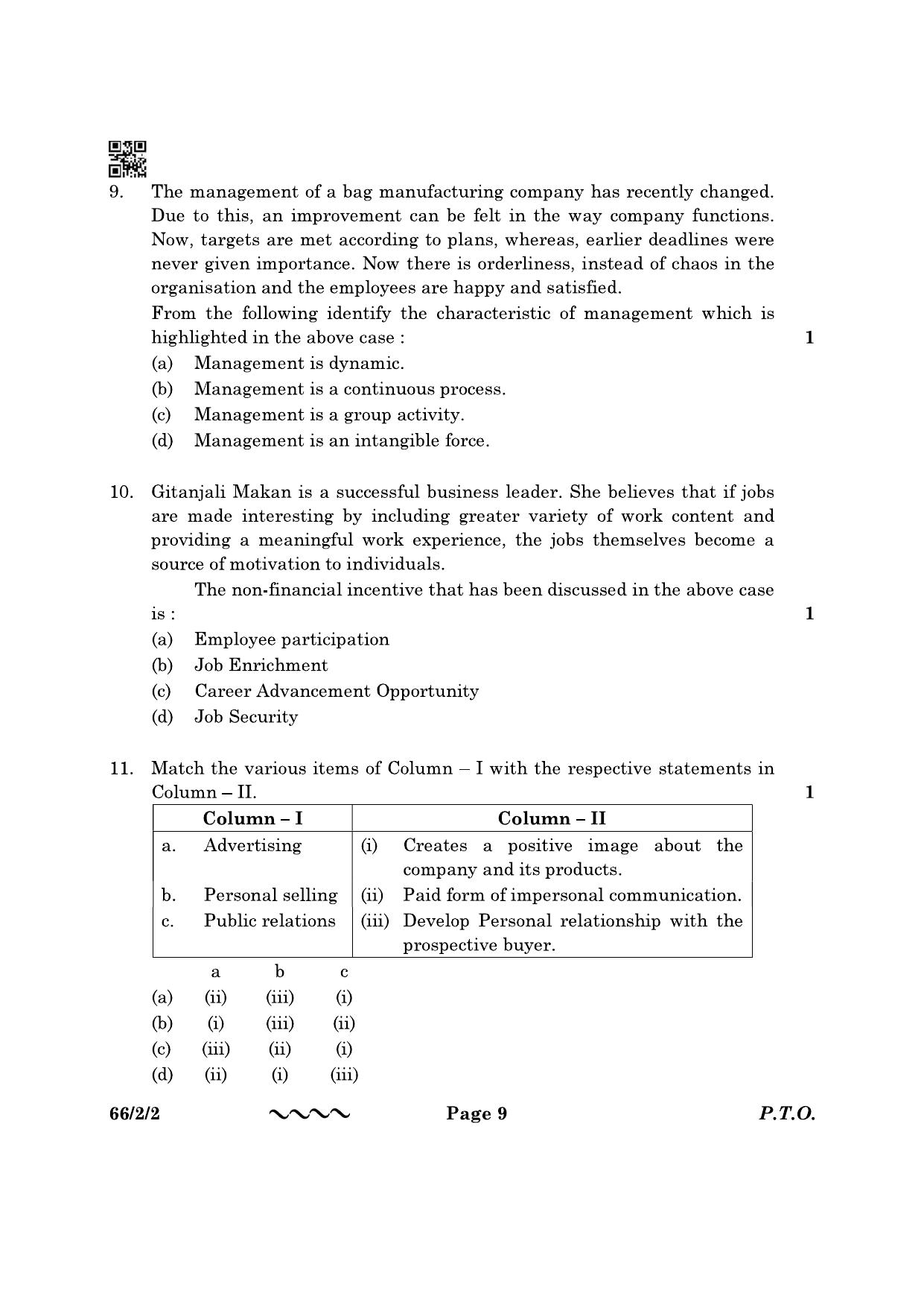 CBSE Class 12 66-2-2 Business Studies 2023 Question Paper - Page 9