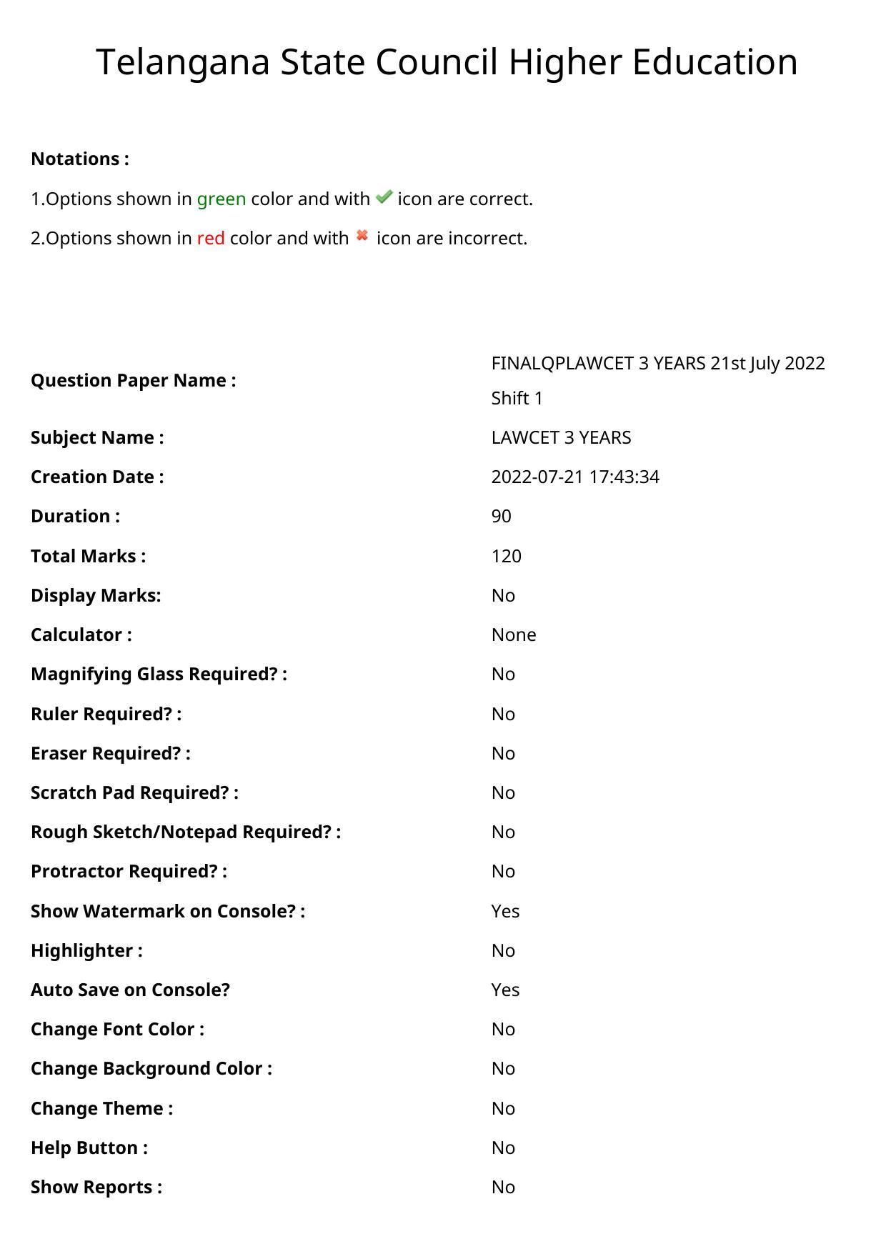 TS LAWCET 3 Year 2022 Shift 1 Question Paper with Answer Key - Page 1