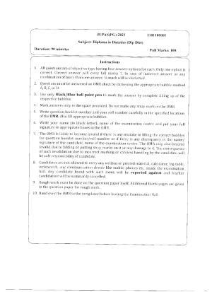 WBJEEB JEMAS (PG) 2021 Dip Diet Question Paper