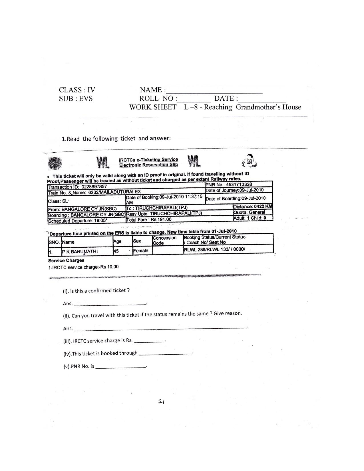 Worksheet for Class 4 Environmental Studies Reaching Grandmothers House Assignment - Page 1