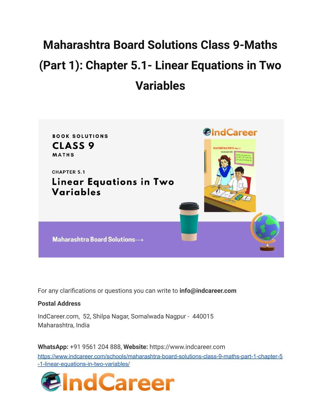 Maharashtra Board Solutions Class 9-Maths (Part 1): Chapter 5.1- Linear Equations in Two Variables - Page 1