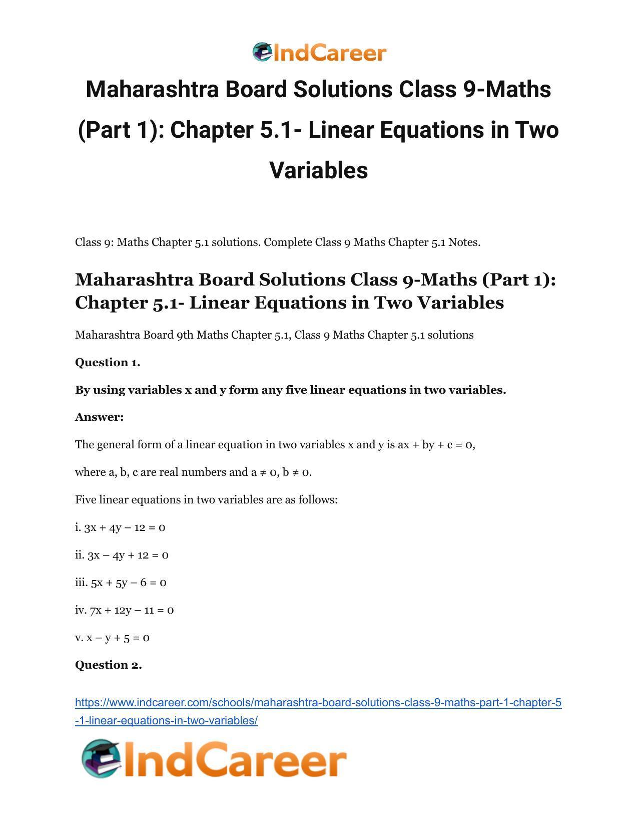 Maharashtra Board Solutions Class 9-Maths (Part 1): Chapter 5.1- Linear Equations in Two Variables - Page 2