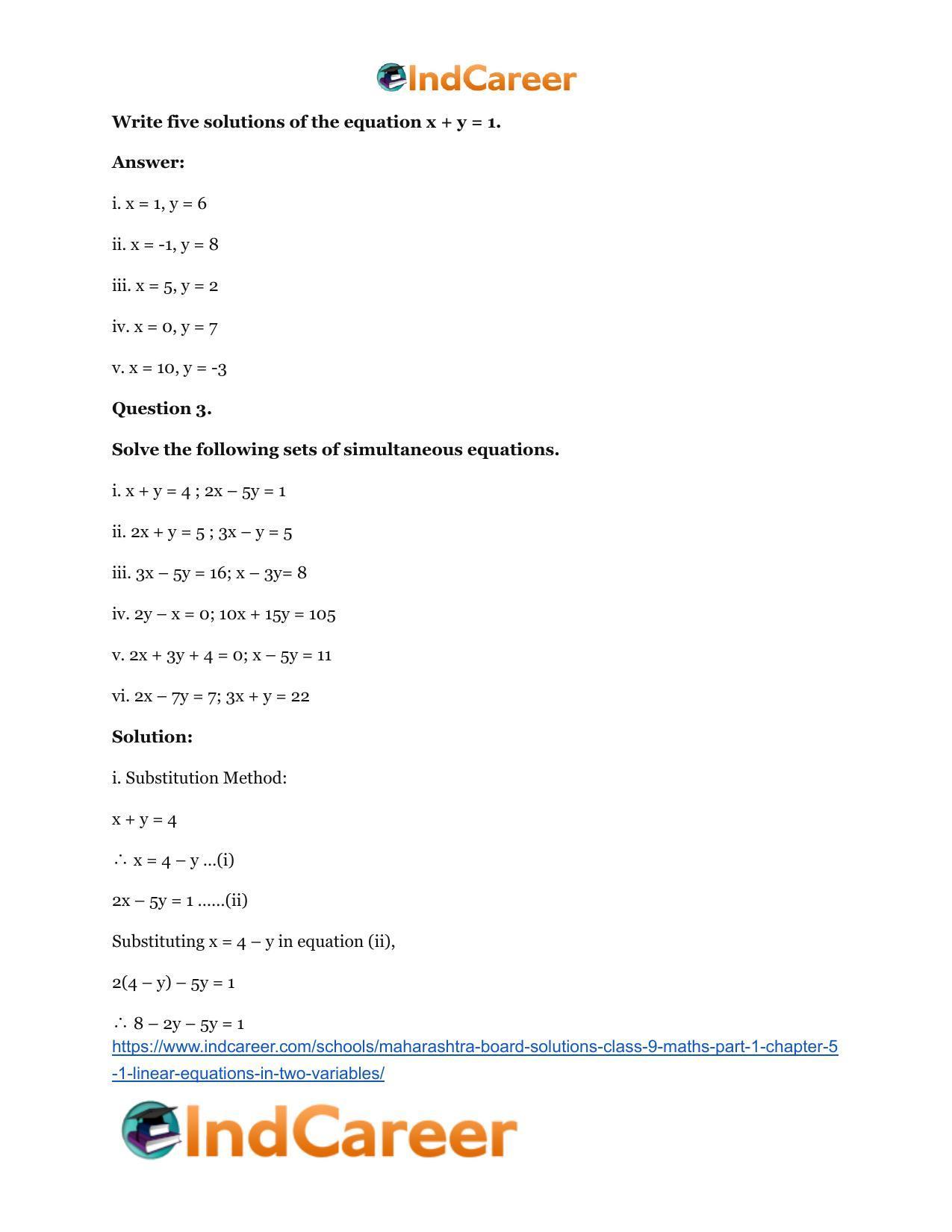Maharashtra Board Solutions Class 9-Maths (Part 1): Chapter 5.1- Linear Equations in Two Variables - Page 3
