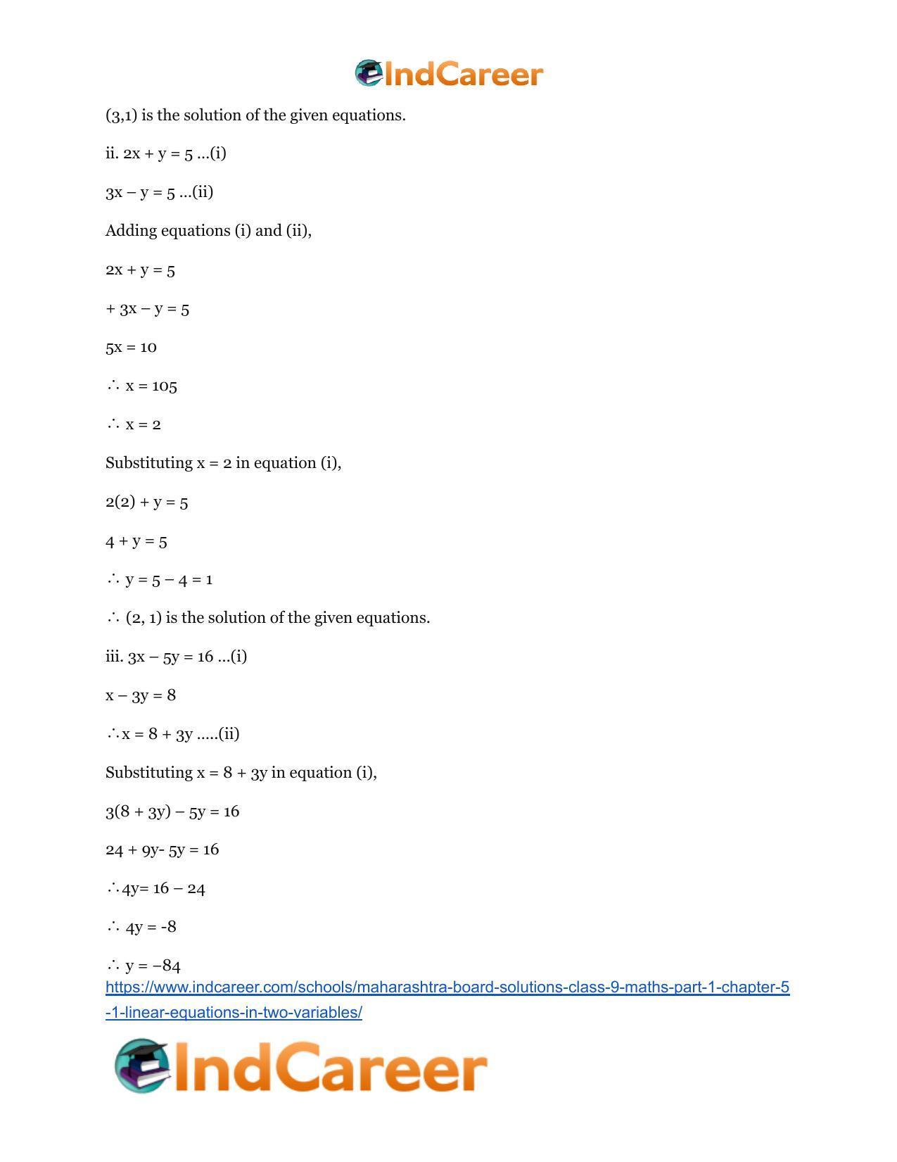 Maharashtra Board Solutions Class 9-Maths (Part 1): Chapter 5.1- Linear Equations in Two Variables - Page 5