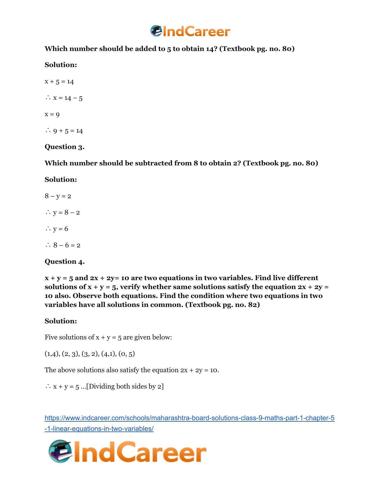 Maharashtra Board Solutions Class 9-Maths (Part 1): Chapter 5.1- Linear Equations in Two Variables - Page 9