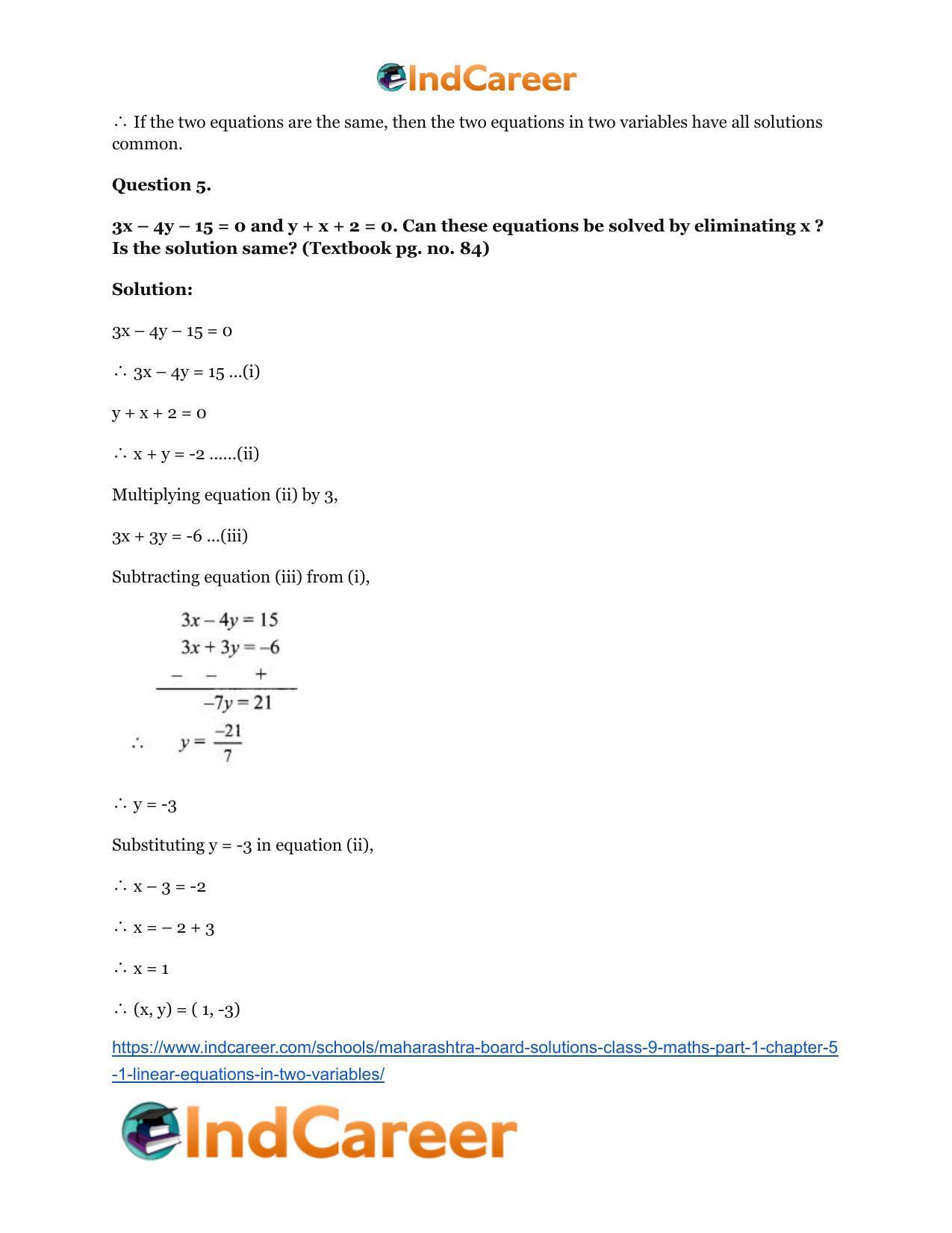 Maharashtra Board Solutions Class 9-Maths (Part 1): Chapter 5.1- Linear Equations in Two Variables - Page 10