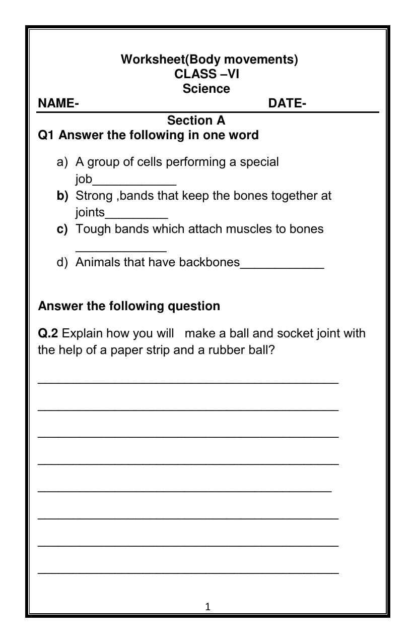 CBSE Worksheets for Class 6 Science Body Movements Assignment 67 - Page 1