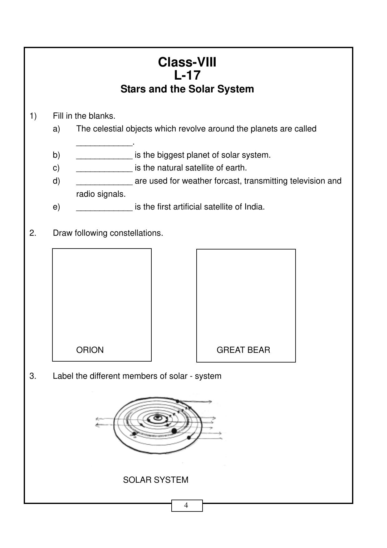 CBSE Worksheets for Class 8 Science Stars And The Solar System Part C Assignment - Page 1