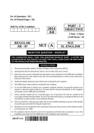 Odisha Class 10 English Part - I (Objective) 2014 Question Paper