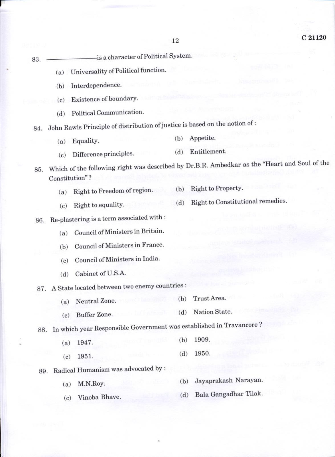 CUCAT 2022 M.A Political Science Question Paper - Page 12